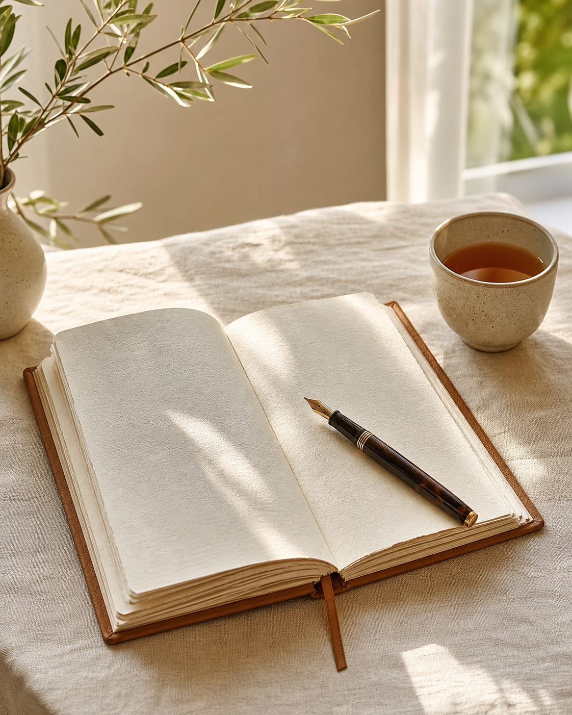 An open journal and fountain pen in warm morning light
